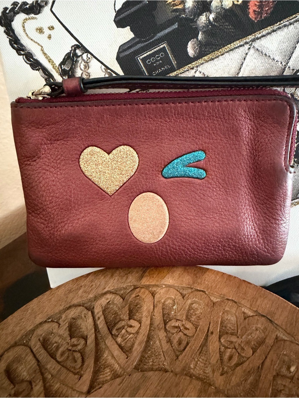 Coach Burgundy Heart Wink Face Leather Wristlet - Picture 2 of 6